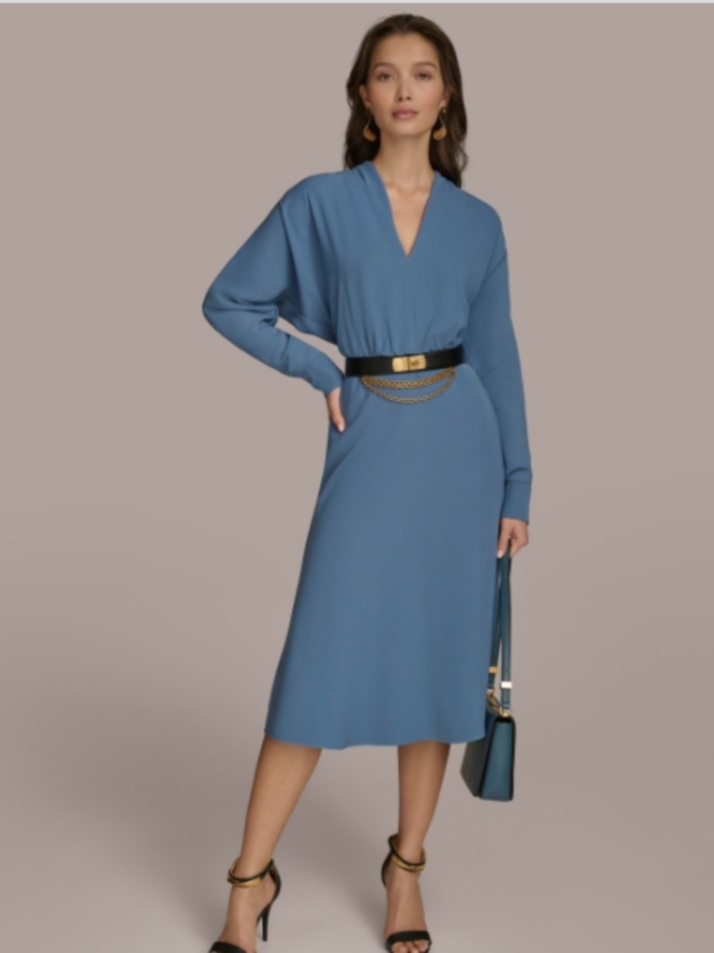 Donna Karan New York Women's V-Neck Belted Long-Sleeve Dress - Horizon Size 10